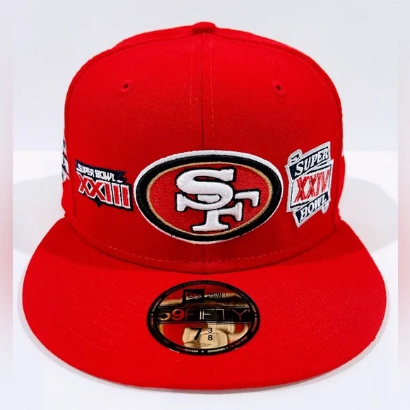 SF 49ERS RED Fitted Hat with Super Bowl Patches. Unisex - Picture 1 of 12